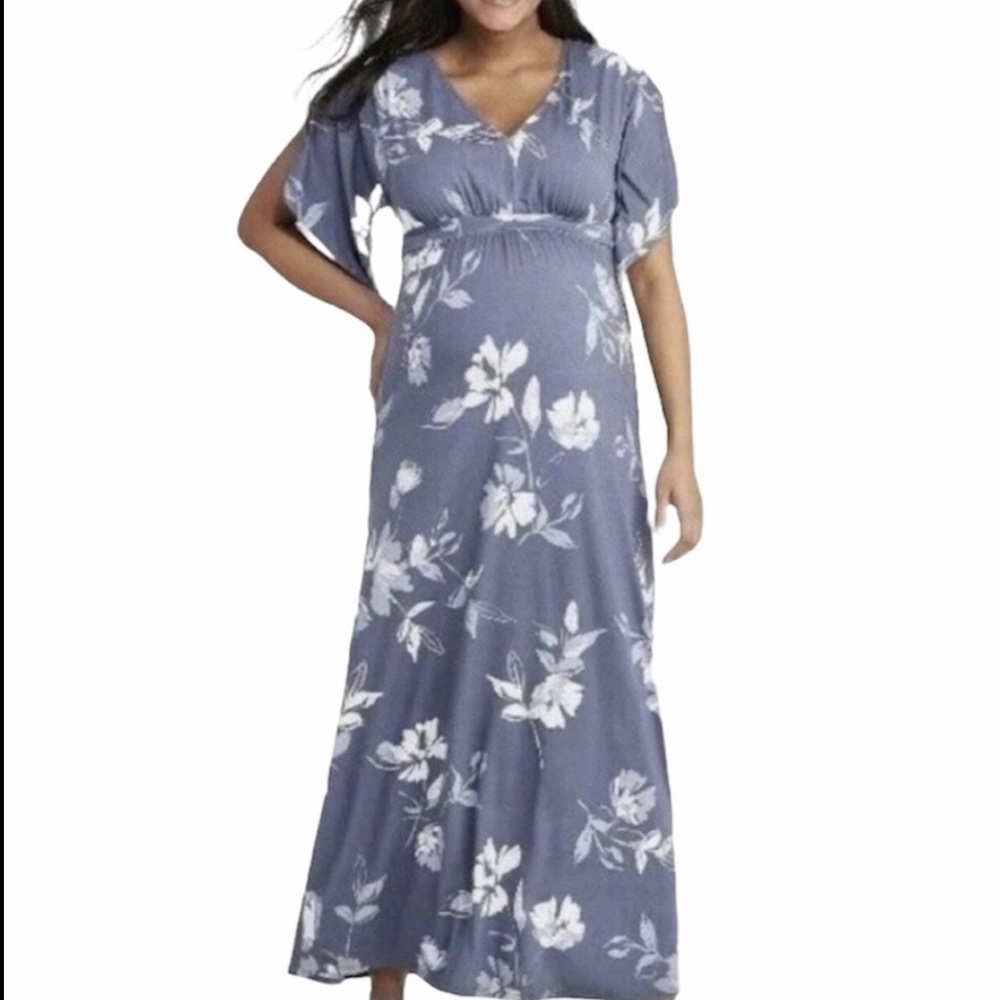 Isabel Maternity Blue V-Neck Empire Waist Open Butterfly Sleeve Maxi Dress Sm